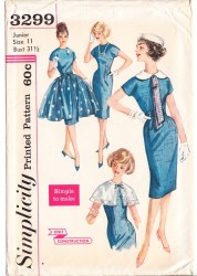 3299 SIMPLICITY JUNIOR DRESS, DETACHABLE COLLARS, OVERSKIRT, TIE PATTERN 9 30.5"B